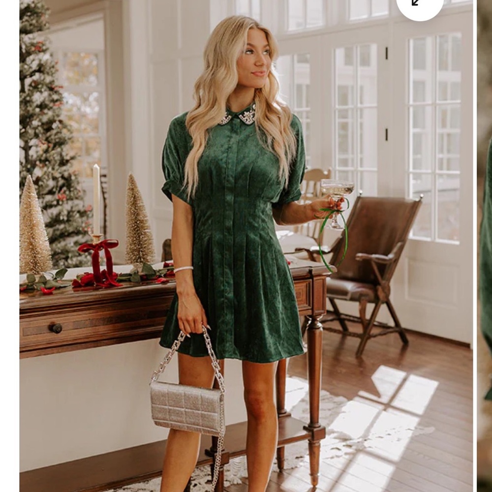 Emerald green corduroy mini dress with rhinestone embellished collar
